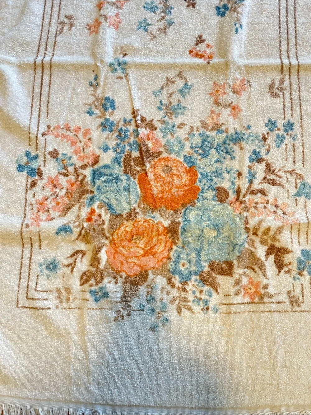 Vintage 1970s Floral Bath Towel Fringe Blue Peach Rose Cottagecore 42x20